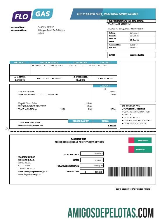 imprimível Modelo de fatura de serviços públicos de gás natural Flogas da Irlanda em formatos Word e PDF